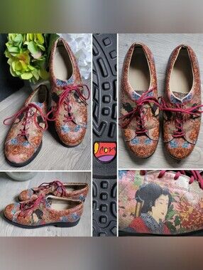 ICON Wearable Art JEON Japanese Geisha & Floral Derby Leather Shoes, US 6.5 EU37